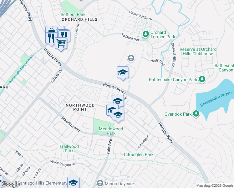 map of restaurants, bars, coffee shops, grocery stores, and more near 1100 Timberwood in Irvine