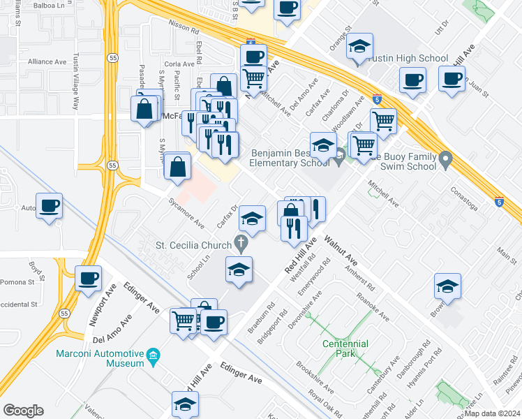 map of restaurants, bars, coffee shops, grocery stores, and more near 1260 Walnut Avenue in Tustin