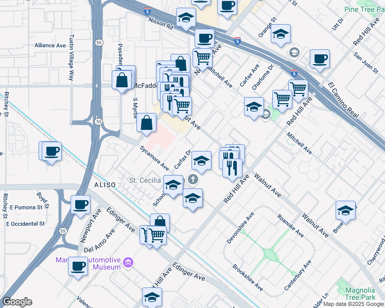 map of restaurants, bars, coffee shops, grocery stores, and more near 14641 Carfax Drive in Tustin