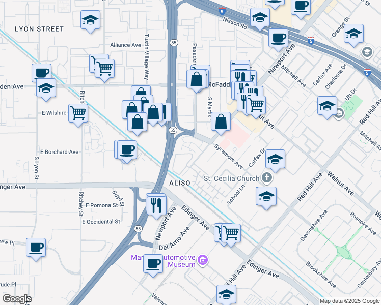 map of restaurants, bars, coffee shops, grocery stores, and more near 17022 Kenyon Drive in Tustin