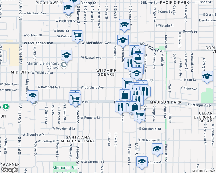 map of restaurants, bars, coffee shops, grocery stores, and more near 1348 South Birch Street in Santa Ana