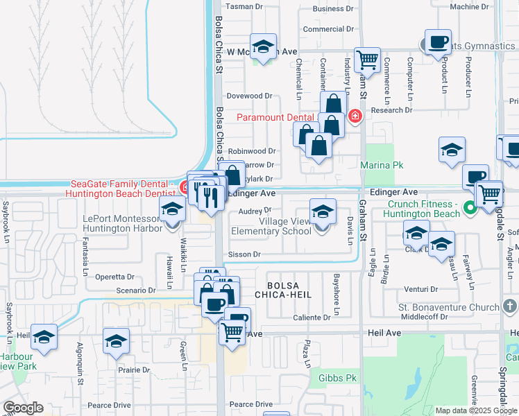 map of restaurants, bars, coffee shops, grocery stores, and more near 5111 Audrey Drive in Huntington Beach