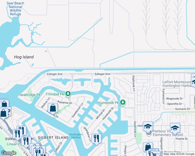 map of restaurants, bars, coffee shops, grocery stores, and more near 3920 Montego Drive in Huntington Beach