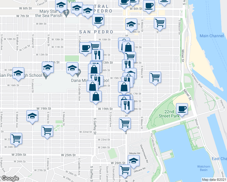 map of restaurants, bars, coffee shops, grocery stores, and more near 1634 South Grand Avenue in Los Angeles