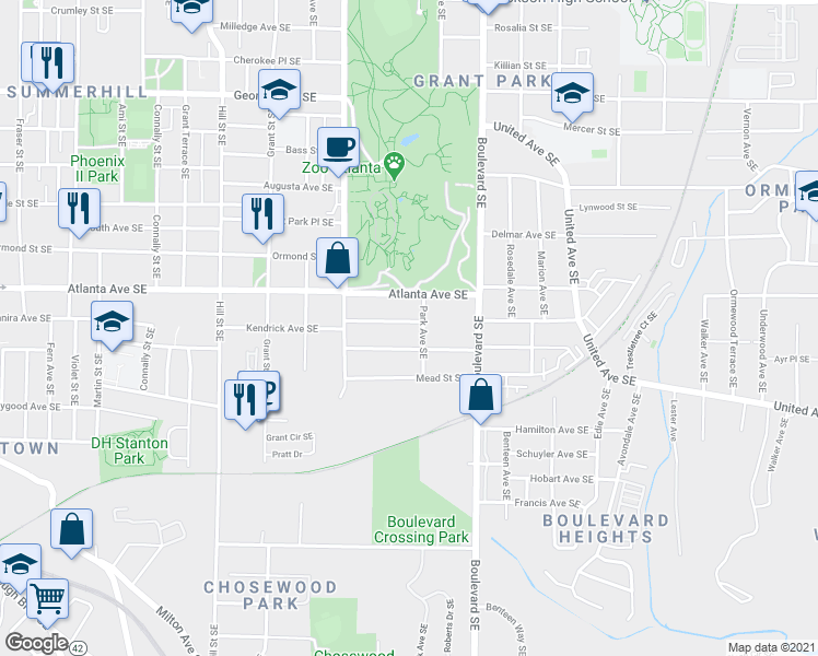 map of restaurants, bars, coffee shops, grocery stores, and more near 934 Park Avenue Southeast in Atlanta