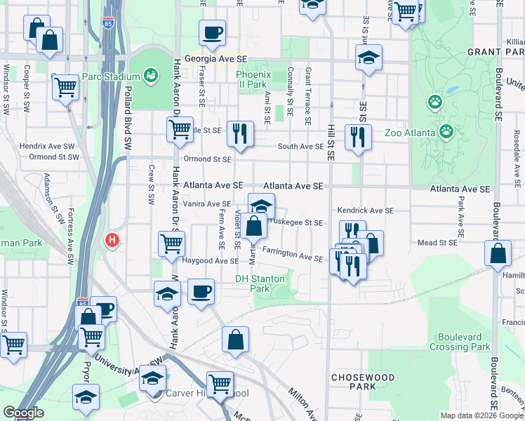 map of restaurants, bars, coffee shops, grocery stores, and more near 163 Vanira Avenue Southeast in Atlanta