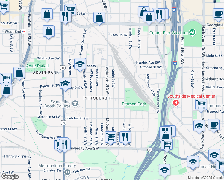 map of restaurants, bars, coffee shops, grocery stores, and more near 945 Smith Street Southwest in Atlanta