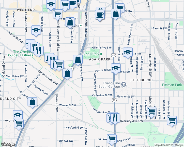 map of restaurants, bars, coffee shops, grocery stores, and more near 756 Pearce Street Southwest in Atlanta