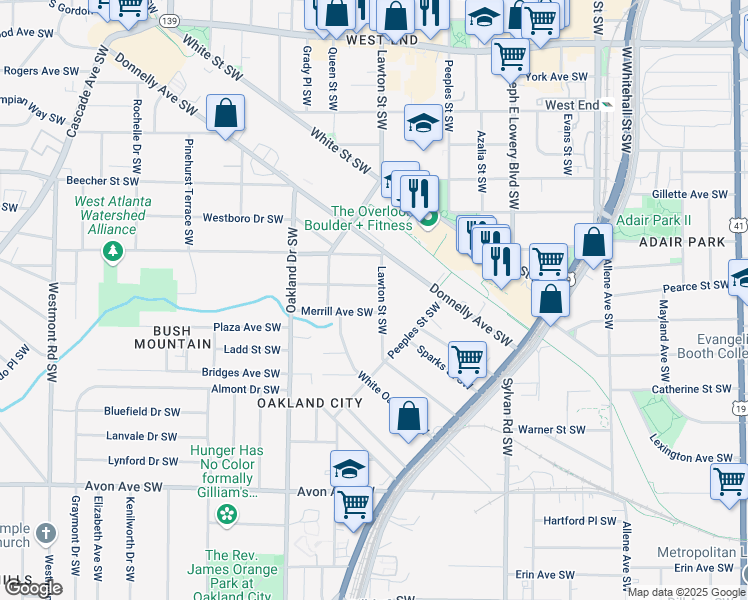 map of restaurants, bars, coffee shops, grocery stores, and more near 951 Lawton Street Southwest in Atlanta