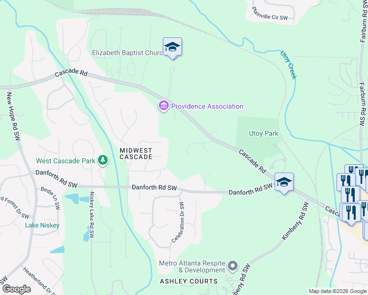 map of restaurants, bars, coffee shops, grocery stores, and more near 4185 Manor Hills Lane Southwest in Atlanta