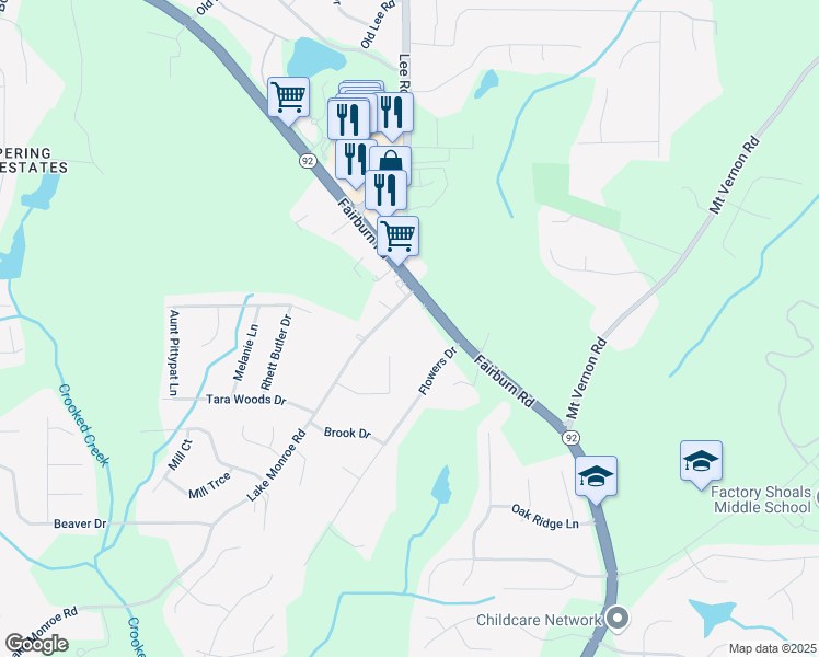 map of restaurants, bars, coffee shops, grocery stores, and more near 2785 Fairburn Road in Douglasville