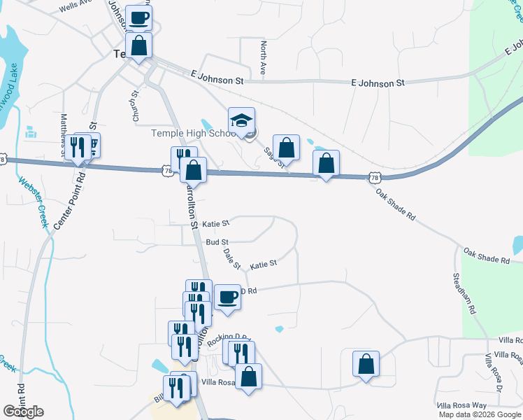 map of restaurants, bars, coffee shops, grocery stores, and more near 124 Katie Street in Temple