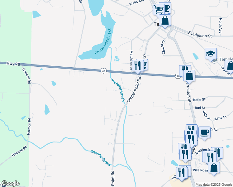 map of restaurants, bars, coffee shops, grocery stores, and more near 148 Sourwood Lane in Temple