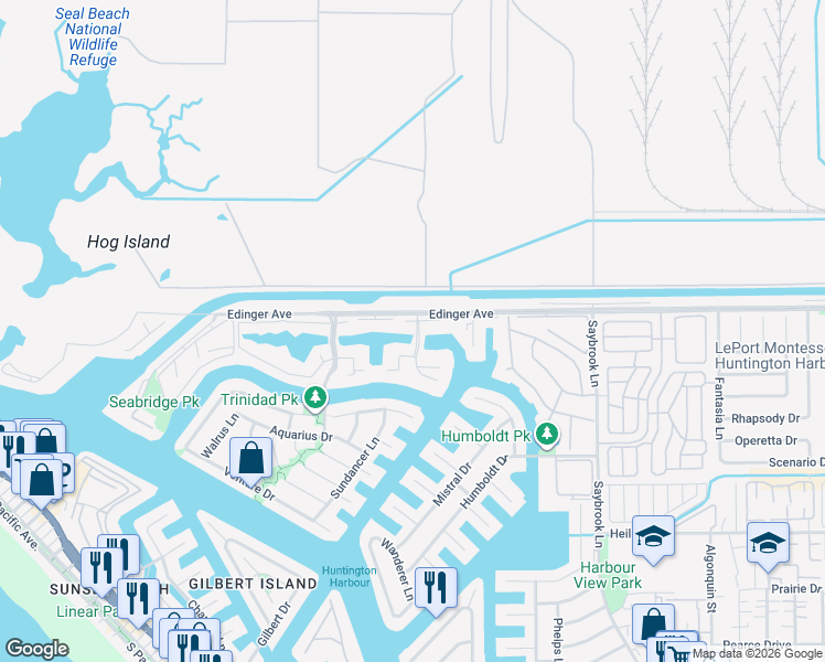 map of restaurants, bars, coffee shops, grocery stores, and more near 3842 Montego Drive in Huntington Beach