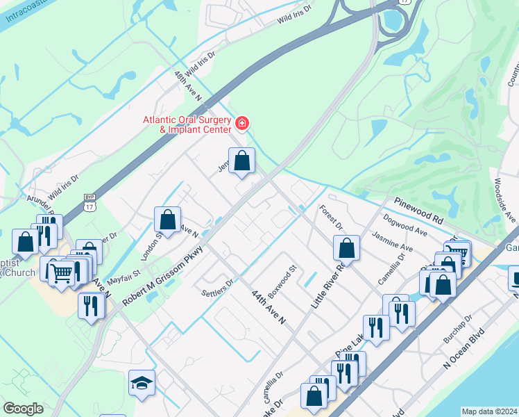 map of restaurants, bars, coffee shops, grocery stores, and more near 4708 Cobblestone Drive in Myrtle Beach