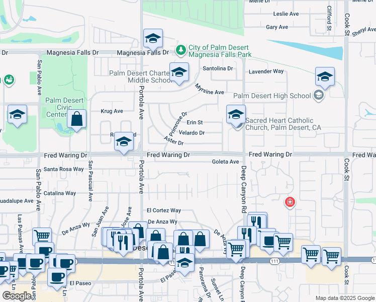 map of restaurants, bars, coffee shops, grocery stores, and more near 74228 Fred Waring Drive in Palm Desert