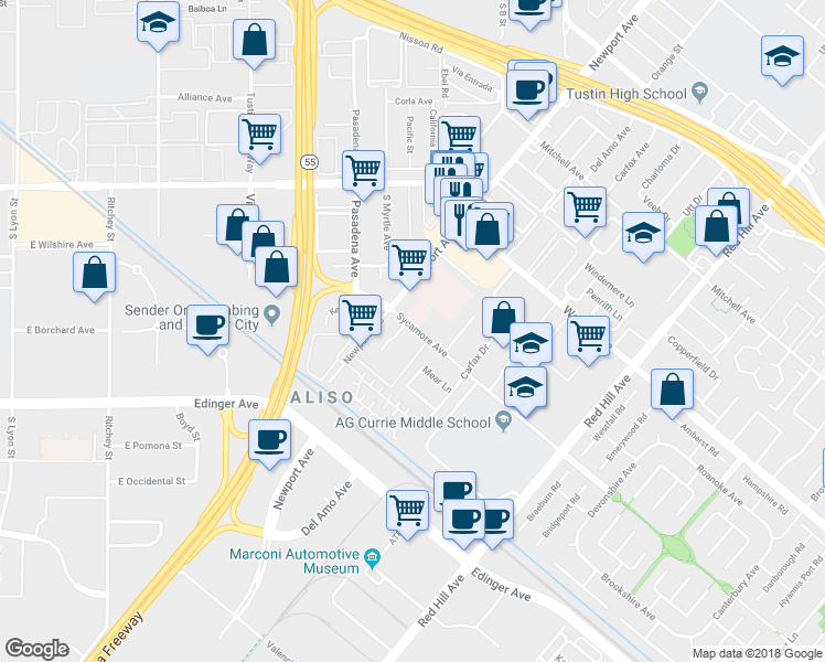 map of restaurants, bars, coffee shops, grocery stores, and more near 14802 Sycamore Avenue in Tustin
