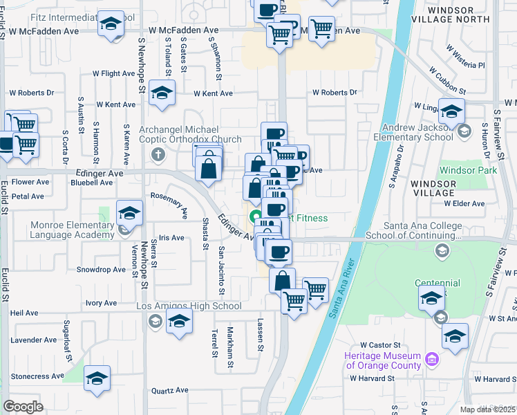 map of restaurants, bars, coffee shops, grocery stores, and more near 16141 Harbor Boulevard in Fountain Valley