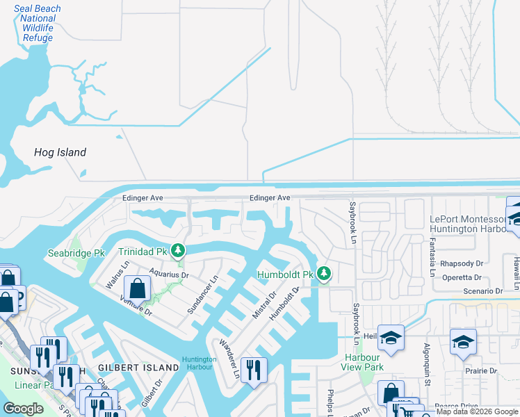 map of restaurants, bars, coffee shops, grocery stores, and more near 3920 Montego Drive in Huntington Beach