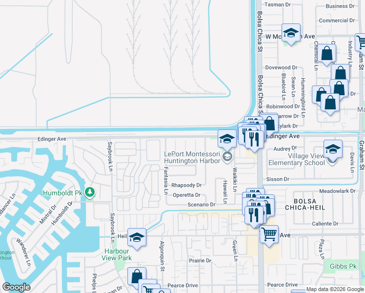 map of restaurants, bars, coffee shops, grocery stores, and more near 16041 Waltz Circle in Huntington Beach