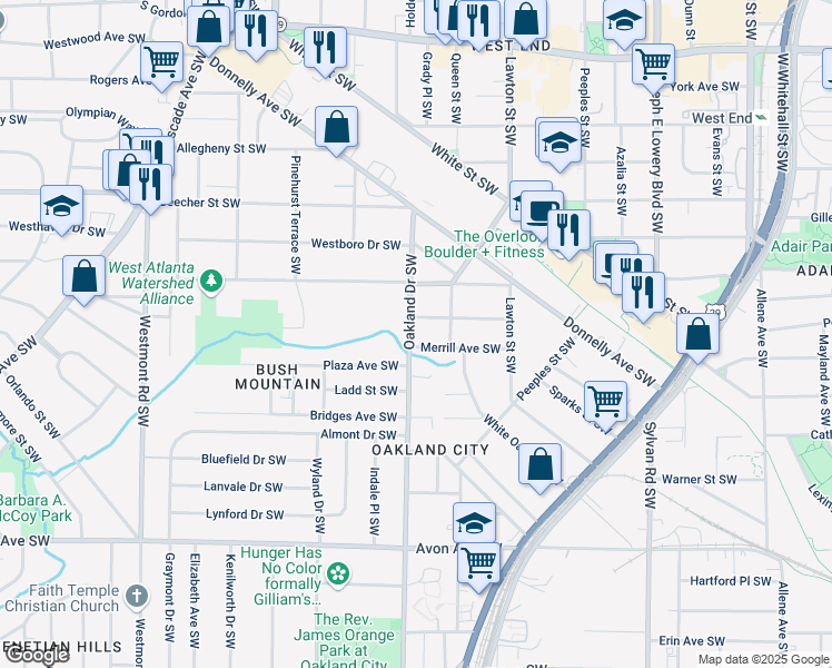 map of restaurants, bars, coffee shops, grocery stores, and more near 950 Oakland Drive Southwest in Atlanta