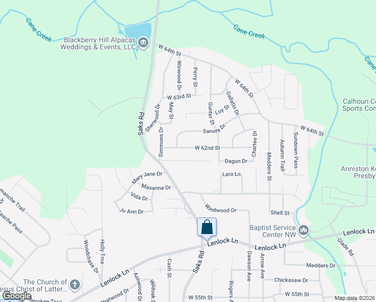 map of restaurants, bars, coffee shops, grocery stores, and more near 806 West 62nd Street in Anniston