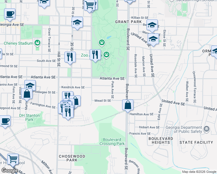 map of restaurants, bars, coffee shops, grocery stores, and more near 934 Park Avenue Southeast in Atlanta