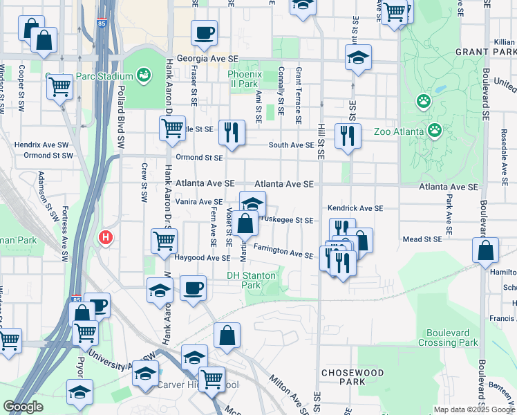 map of restaurants, bars, coffee shops, grocery stores, and more near 163 Vanira Avenue Southeast in Atlanta