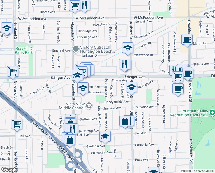 map of restaurants, bars, coffee shops, grocery stores, and more near 16086 Sweetleaf Street in Fountain Valley
