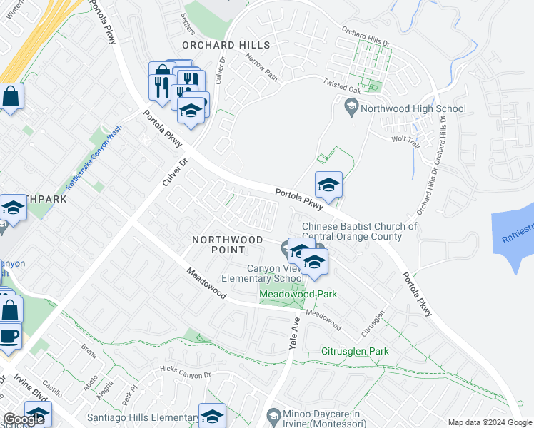 map of restaurants, bars, coffee shops, grocery stores, and more near 58 Essex Lane in Irvine