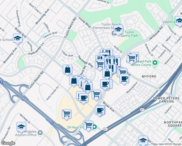 map of restaurants, bars, coffee shops, grocery stores, and more near 13377 Savanna in Tustin