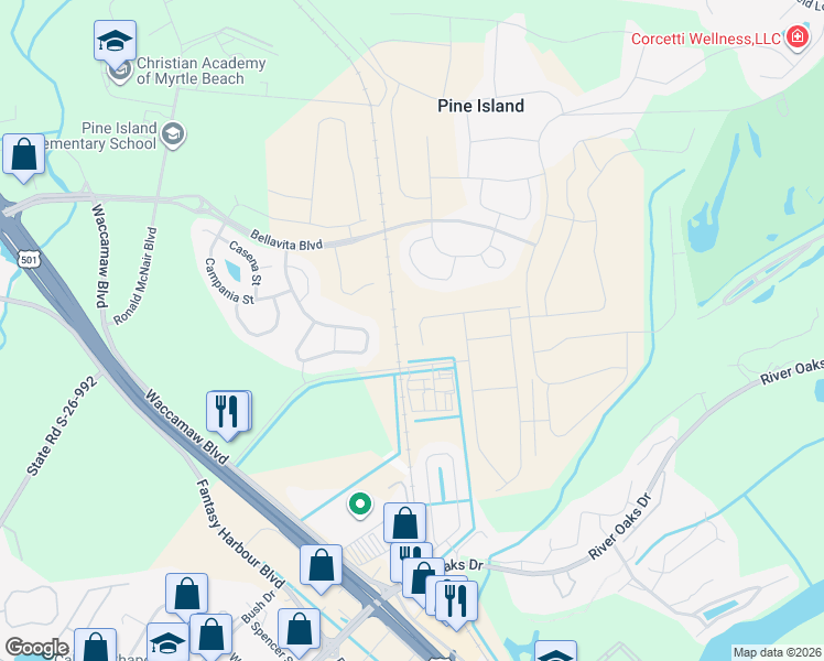 map of restaurants, bars, coffee shops, grocery stores, and more near 1090 Tidewater Road in Myrtle Beach