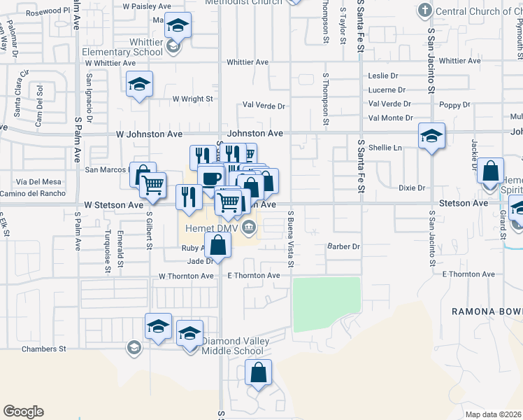 map of restaurants, bars, coffee shops, grocery stores, and more near 335 East Stetson Avenue in Hemet