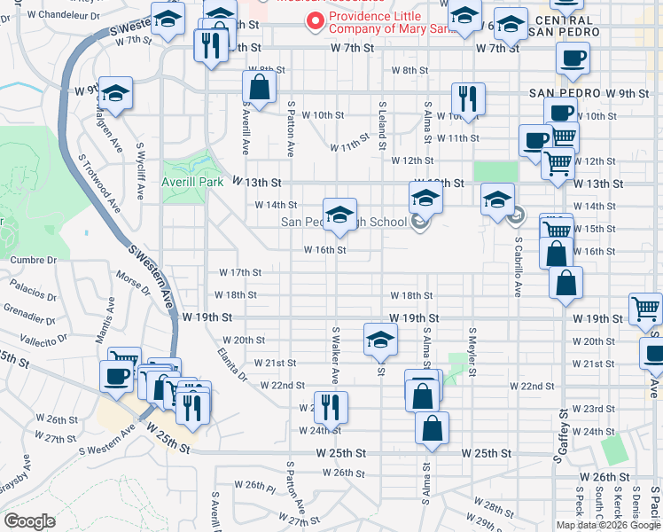 map of restaurants, bars, coffee shops, grocery stores, and more near 1639 South Walker Avenue in Los Angeles