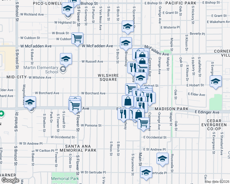 map of restaurants, bars, coffee shops, grocery stores, and more near 1348 South Birch Street in Santa Ana