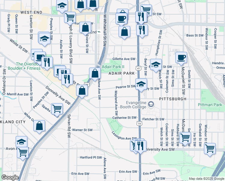 map of restaurants, bars, coffee shops, grocery stores, and more near 756 Pearce Street Southwest in Atlanta