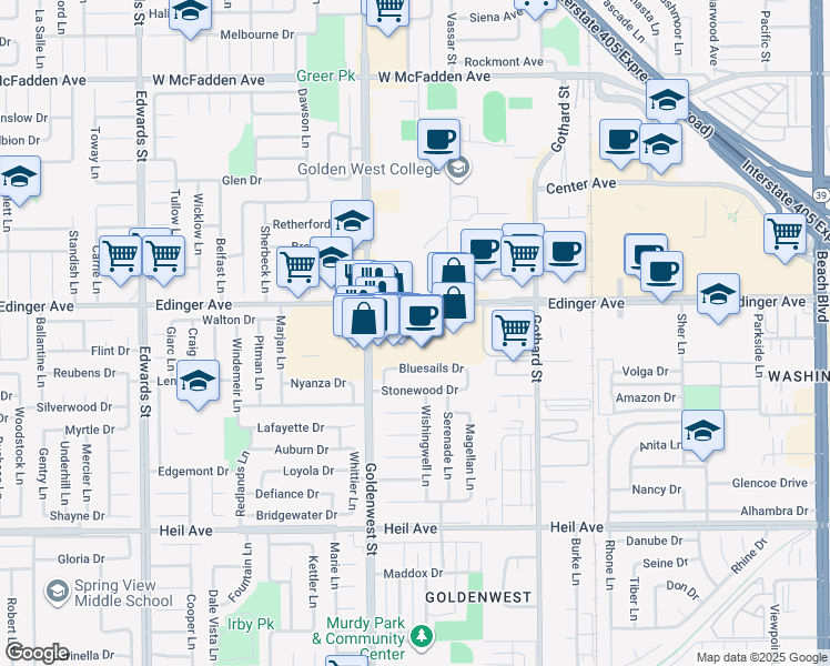map of restaurants, bars, coffee shops, grocery stores, and more near 16171 Malaga Lane in Huntington Beach