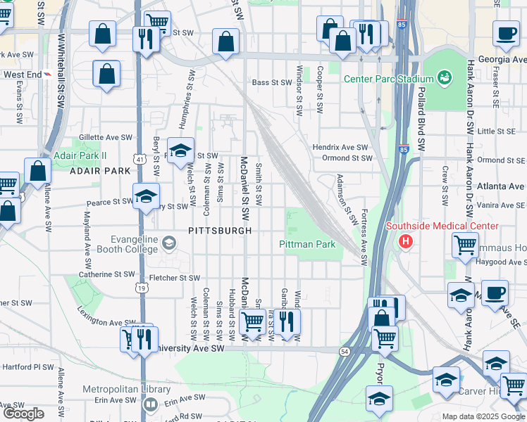 map of restaurants, bars, coffee shops, grocery stores, and more near 944 Smith Street Southwest in Atlanta