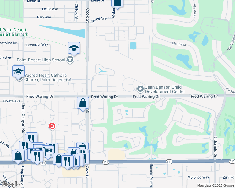 map of restaurants, bars, coffee shops, grocery stores, and more near 75483 La Sierra Drive in Palm Desert