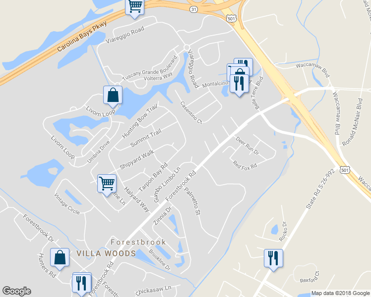 map of restaurants, bars, coffee shops, grocery stores, and more near 4541 Tarpon Bay Road in Myrtle Beach