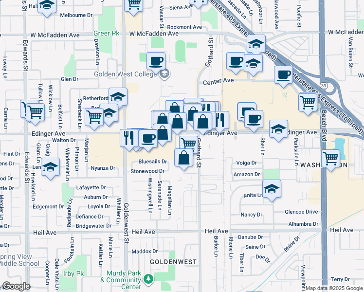 map of restaurants, bars, coffee shops, grocery stores, and more near 7290 Edinger Avenue in Huntington Beach