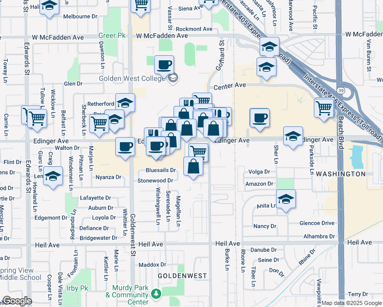 map of restaurants, bars, coffee shops, grocery stores, and more near 7290 Edinger Avenue in Huntington Beach
