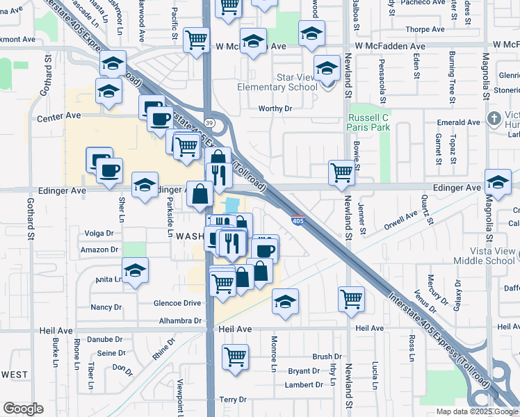 map of restaurants, bars, coffee shops, grocery stores, and more near 8211 San Angelo Drive in Huntington Beach