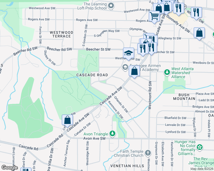 map of restaurants, bars, coffee shops, grocery stores, and more near 1714 Havilon Drive Southwest in Atlanta