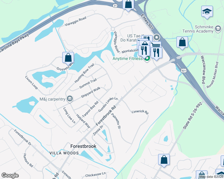 map of restaurants, bars, coffee shops, grocery stores, and more near 4541 Tarpon Bay Road in Myrtle Beach
