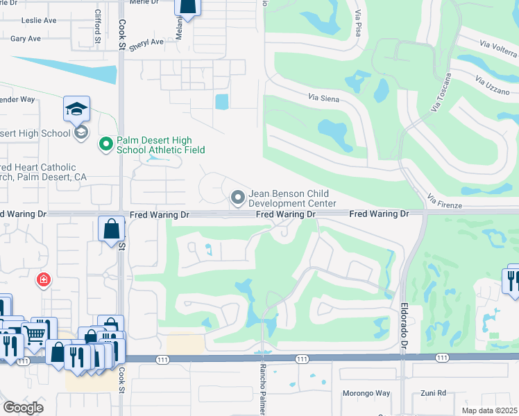map of restaurants, bars, coffee shops, grocery stores, and more near 43980 Blueberry Lane in Palm Desert