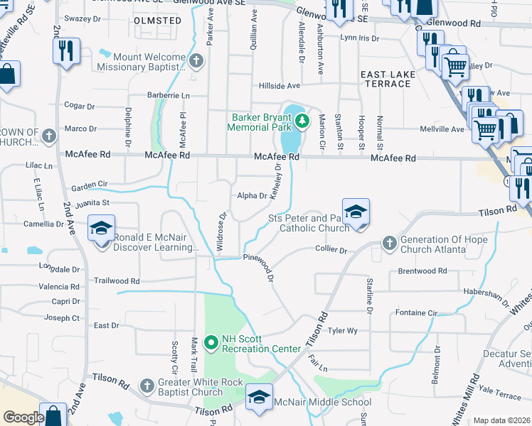 map of restaurants, bars, coffee shops, grocery stores, and more near 2102 Keheley Drive in Decatur