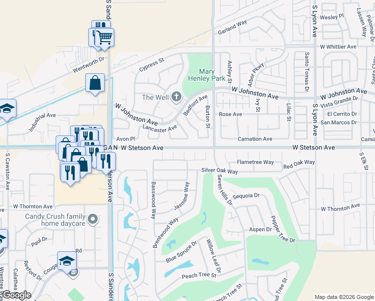 map of restaurants, bars, coffee shops, grocery stores, and more near 1106 Checkerberry Court in Hemet