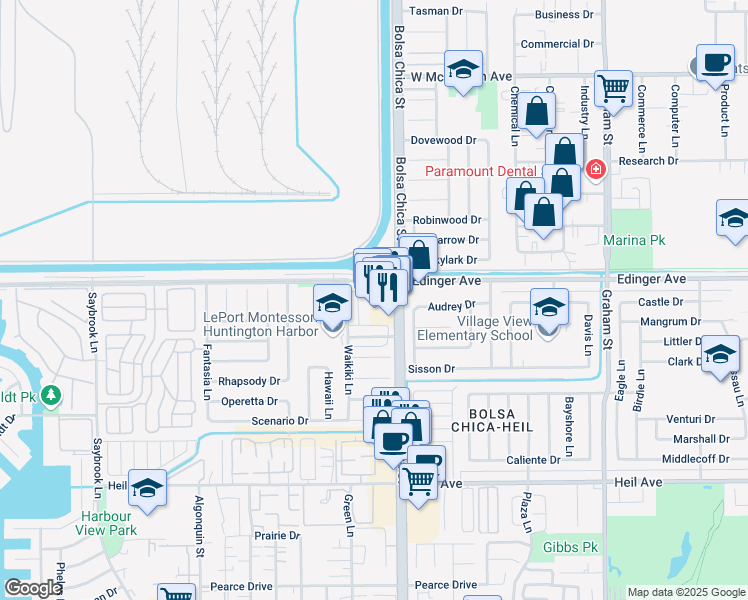 map of restaurants, bars, coffee shops, grocery stores, and more near 16033 Bolsa Chica Street in Huntington Beach
