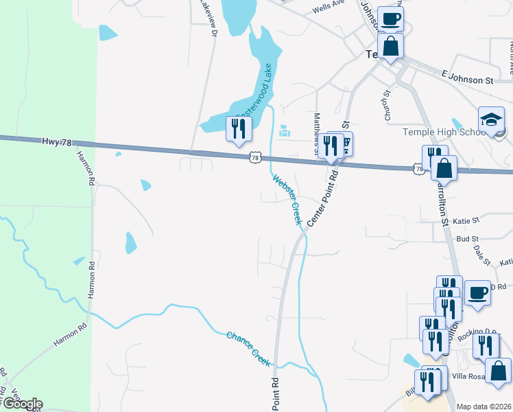 map of restaurants, bars, coffee shops, grocery stores, and more near 190 Sourwood Lane in Temple